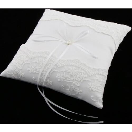Romantic Wedding Ceremony Party Pearls Lace Ring Pillow Cushion Bearer for Engagement Marriage Proposal Decor White 20x20 Cm