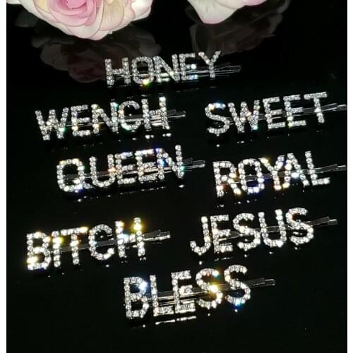 Bling Stylish Word Hairclips HONEY,WENCH,SWEET,ROYAL,QUEEN,BLESS,BITCH,JESUS Crystal Letters Hairpins Hair Accessories WHOLESALE