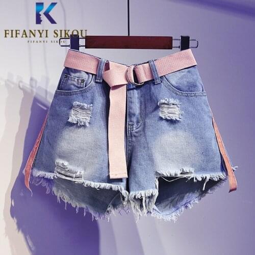 Summer Women Plus Size Denim Shorts Fashion Ripped High waist Jeans Shorts Female Loose Wide leg Short Pants Jeans With Belt