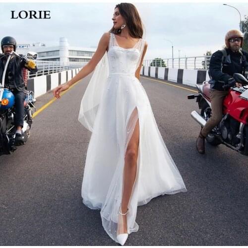 LORIE A Line Wedding Dresses Soft Tulle Pearls Beach Bridal Gowns V-Neck High Split Straps Luxury Beading Princess Party Gowns