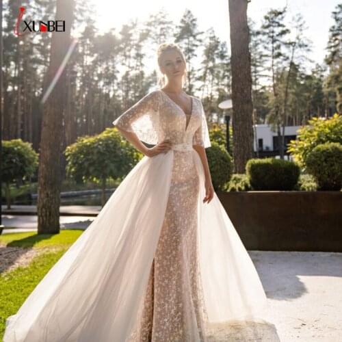 Vestidos De Novia Hot Long Sleeve Wedding Dresses With Detachable Train Dresses V-neck Lace Appliques Bridal Dresses