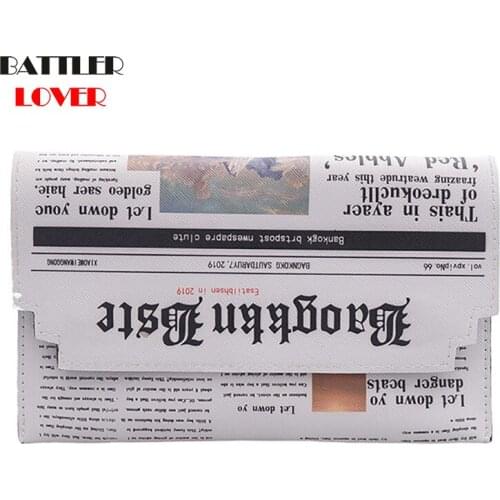 Women Messenger Bag Casual Envelope Bags Day Clutches Purse Chain for Ladies Newspaper Printings Design 2020 Fashion PU Single