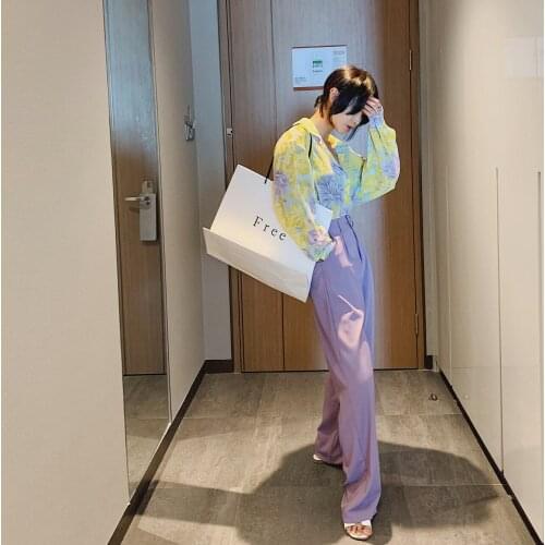 2021 Spring Summer Womens Wide Leg Pants Female Long Pants Woman Simple Casual Straight Suit High Waist Purple Office Jeans Za