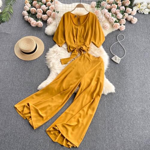 Teeuiear slim bandage Summer short top two piece outfits suit Women set OL Elegant office Casual high waist long wide leg pants