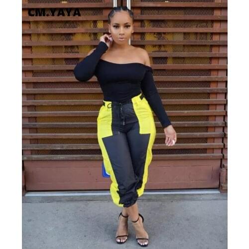 CM.YAYA Active Womens Set Off Shoulder Crop Top Patchwork Pants Matching Set Sport Tracksuit Fitness Two 2 Piece Set Outfit