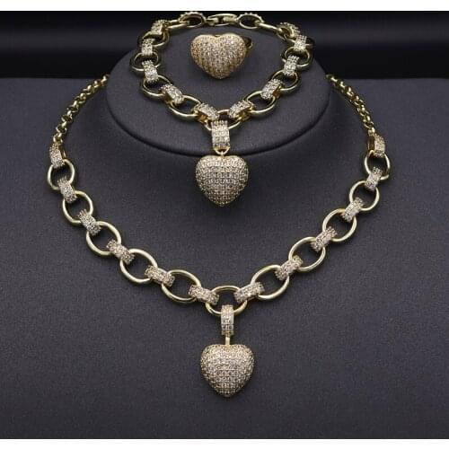 Charm Gold Color Jewelry Sets Women High-Quality Zircon Heart Pendant Choker Necklace Bracelet Adjustable Ring Girl Hip Hop Sets