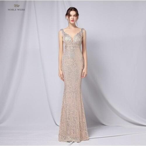 Prom Dresses V-Neck Floor-Length Sequined Dresses Woman Party Night Mermaid Prom Dress