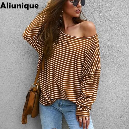 Aliunique Autumn Trendy Long-sleeved Striped T-shirt Knitting Sweater For Women 2021 Fashion Design Lady Casual Loose Top