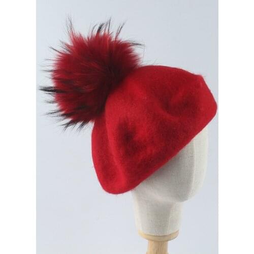 Baby Girl Beret Winter Hat With Pompom Wool Beanie Warm Real Raccoon Fur Autumn Skiing Outdoor Accessory For Toddlers
