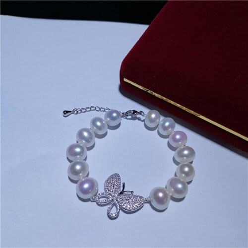 Fashion atmosphere 9-10mm genuine white freshwater pearl bracelet micro inlay zircon butterfly accessories clasp 19cm
