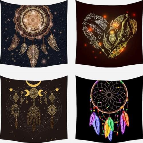Dreamcatcher Print Tapestry Indian style Pumo Feathers Polyester Mandala Tapestry Wall Hanging Bohemian Decor Mystery Witchcraft