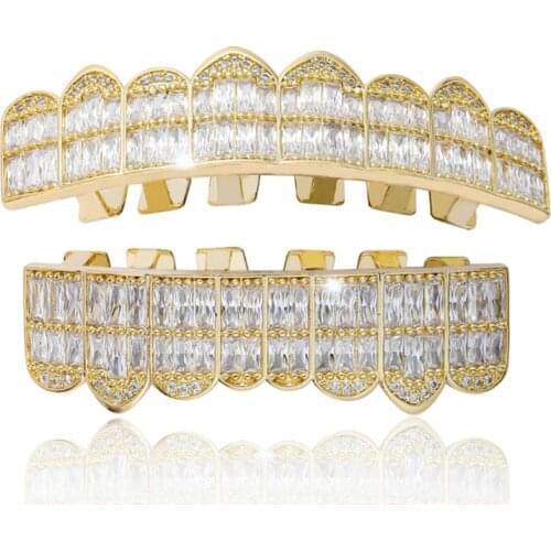 Hip Hop Cubic Zircon Teeth Grillz 8-Tooth ShinyTop Bottom Grills Dental Mouth Punk Tooth Caps Cosplay Rapper Jewelry