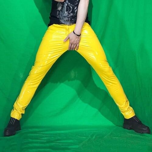 Men Leather Pants Fashions Skinny Stretch Sexy Nightclub Ds Costumes Reflective Pu Trousers Original