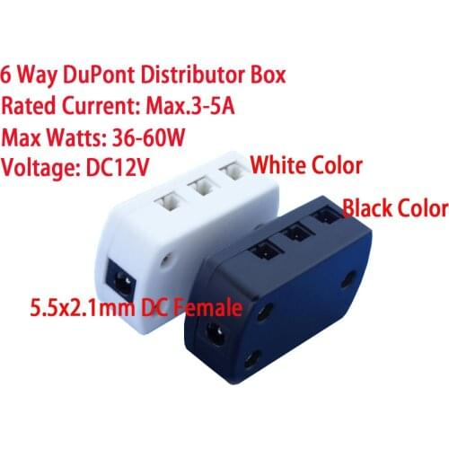 6 Way DuPont Distributor Box 5.5x2.1mm DC Female including 2M Lenght Male Cable for Single Color LEDs 6 Way DuPon