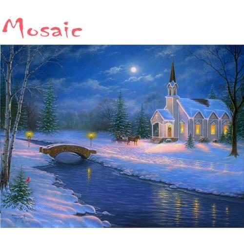 River,Church on Winter Night,Diy,5d,square,Diamond painting Cross Stitch,Diamond Embroidery,Christmas gift,Mosaic,Home Decor