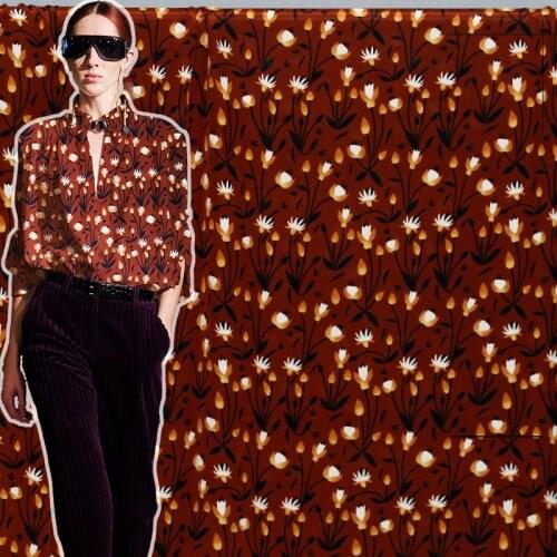 Red Raspberry 12momme Caramel Flowers Printed Silk Crepe de chine 100%Silk Materials Women Dress Shirt Cloth Tailor Freeshipping