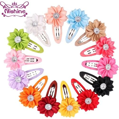 Nishine 10pcs/lot Satin Ribbon Flower Hairpin Hair Clips Girls Children Headwear Crystal Hair Decoration Head Accessories