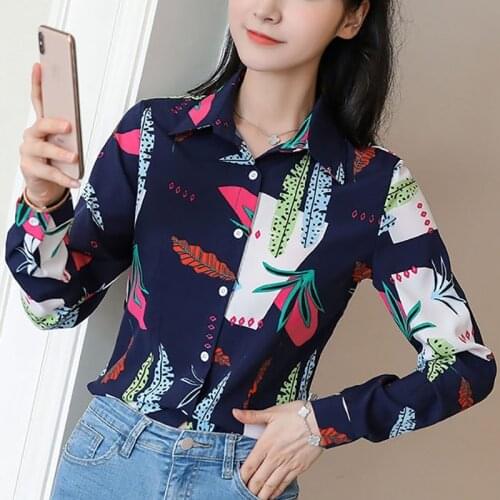 Women Flower Printed Spring Autumn Style Turn-down Collar Blouses Shirts Lady Casual Long Sleeve Blusas Tops