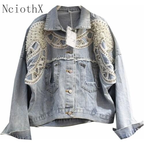 2021 Spring Autumn Denim Jacket Coat Woman Tops Street Pearl Beaded Diamond Loose Denim Short Jackets Outwear Blue Jean Femme
