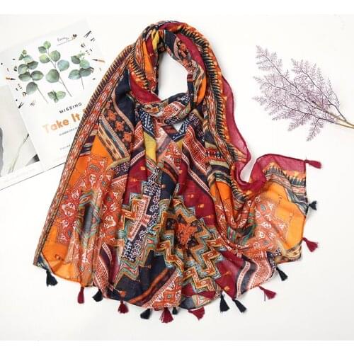 Fashion Floral Printed Cotton Viscose Scarf Women Muslim Hijab Ladies Tassel Shawl Wrap Large Size Scarves Arab Turban Bandana