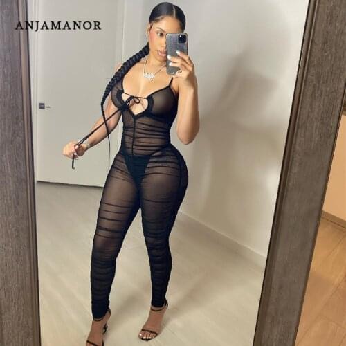 ANJAMANOR Sexy Sheer Mesh Women Jumpsuits Summer 2021 Fashion Club Outfits Black Spaghetti Strap Bodycon Rompers D27-CD23