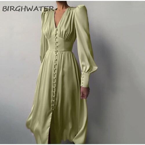 Womens Dresses 2021 Vintage High Waist Lantern Long Sleeve Satin A-Line Dress Spring Elegant Evening Lady Party Dress Vestidos