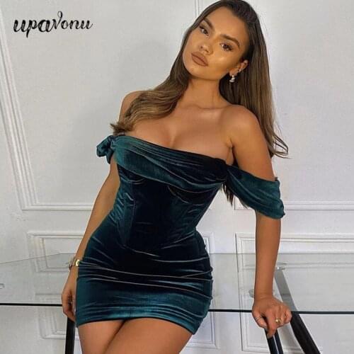 Free Shipping 2021 New Womens Green Velvet Dress Sexy Card Shoulder Halter Bodycon Draped Dress Elegant Club Party Mini Vestido