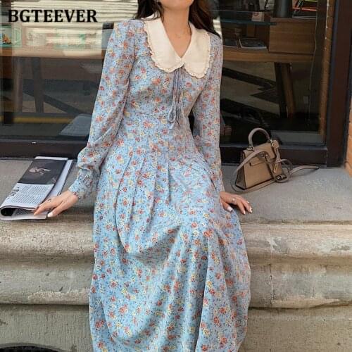 BGTEEVER Elegant Patchwork Lapel Lace-up Floral Print Women Midi Dress 2021 Spring Slim Waist Female A-line Dress Vestidos Femme