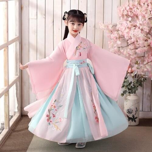 2021 Chinese Style Vintage Pink Floral Embroidery Clothing For Girls New Year Hanfu Dress Kid Dancer Costume Cosplay