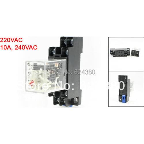 AC 220V Coil 10A 240VAC 28VDC 8 Pin DPDT 2P2T 35mm DIN Rail General Purpose Electromagnetic Power Relay LY2NJ w Base Socket