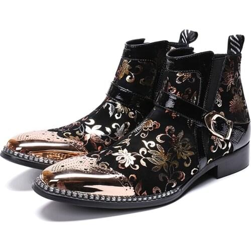 Fashion Printed Genuine Leather Ankle Boots Metal Toe Men Party Dress Formal Heels Men Club Bar Cowboy Boots Zapatillas Hombre