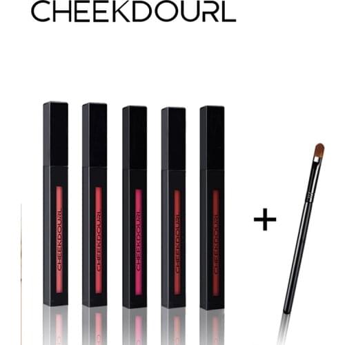 CHEEKDOURL 5 Colors Square Tube Matte Lip Gloss Velvet Lasting Moisturizing Cosmetic Makeup+Blending Concealer Brush Suit