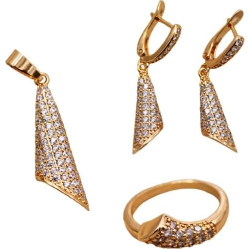 Trendy Wedding Fashion Jewelry Sets accessories White Stone Zircon Women Luxury Dangle Gold Earrings Rings Necklace Pendent