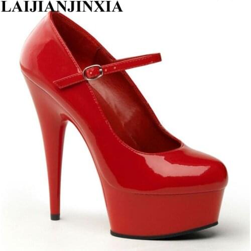 LAIJIANJINXIA 2018 Spring Ankle Strap shoes woman spring/autumn Round Toe 15cm Thin High-Heeled platform wedding pumps,Big 35-46