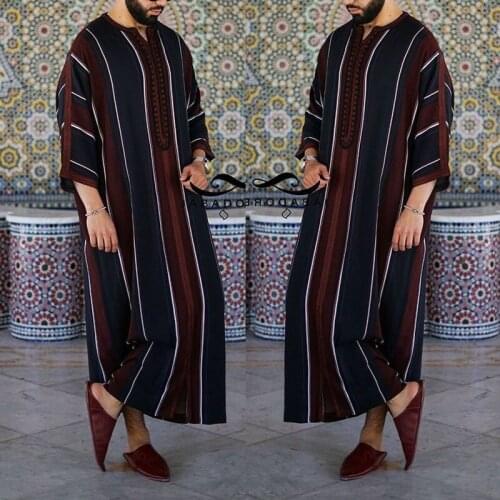 Men 2021 Eid Ramadan Abaya Dubai Kaftan Pakistan Spring Autumn Casual Loose Robe Muslim Fashion Vintage Stripe Islamic Clothing