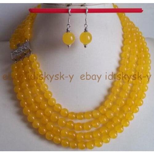 Natural Jewelry Set 4 Rows 8mm Yellow Jade Necklace 10mm Earrings Set