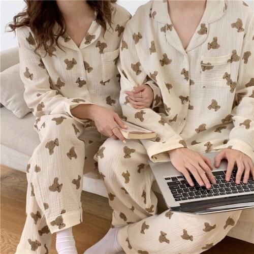 Cartoon Bear Autumn Pajamas Set Women Couple Lovers Vintage Shirts + Trousers Set Two Piece Home Suit Kawaii Cotton Sleepwear