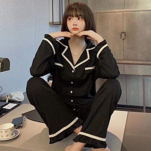 Sexy Black Womens Pajamas Set 100%Cotton Elegance Pyjama Solid Color Femme Casual Lace Mom Sweet Full Sleeve Shirt Sleepwear