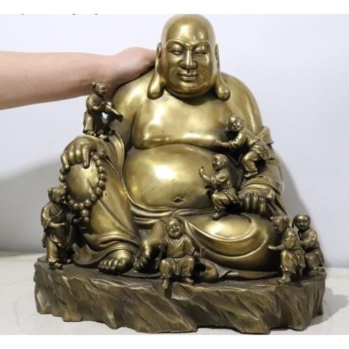 Tibetan Buddhist Temple Brass Copper Seven Tongzi Wealth Maitreya Buddha Statue