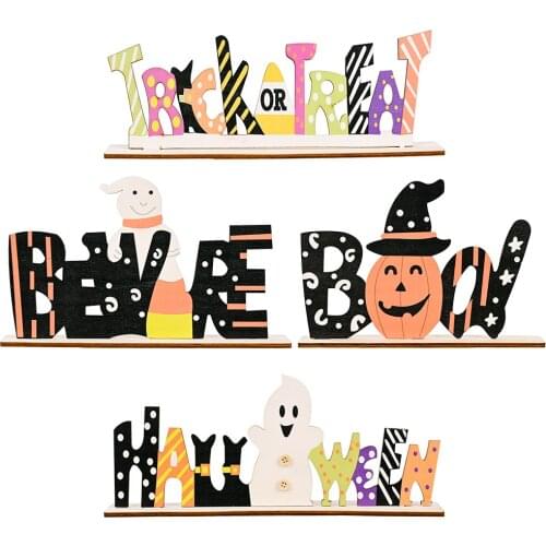 4 PCS Halloween Decoration Wooden Letter Ornaments Painted Pumpkin Trick or Treat Home Dinner Party Table Decor Wholesale XB