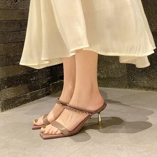 QZYERAI Metal Decoration Women Slippers High Heels Femmes Sandales Leather Summer Party Shoes Woman Stiletto Mules