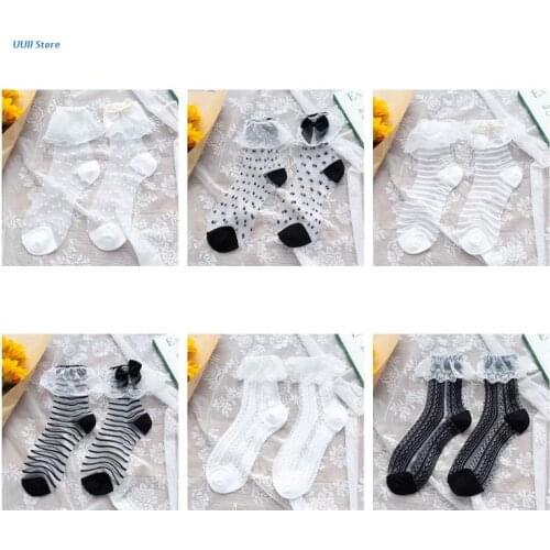 Japanese Women Lolita Ruffled Lace Ankle Socks Sweet Transparent Glass Fiber Polka Dot Striped Summer Ultra Thin Hosiery