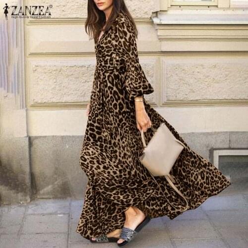 ZANZEA Women Spring Puff Sleeve Maxi Long Sundress Fashion Sexy Leopard Printed Party Dress V Neck High Waist Holiday Vestidos 7
