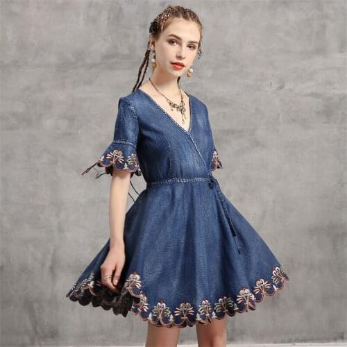 Summer Denim Dress 2020 Vintage Women Embroidery Dresses V-Neck Short Sleeve Covered Button A line Vestidos K82226 Girls Dress