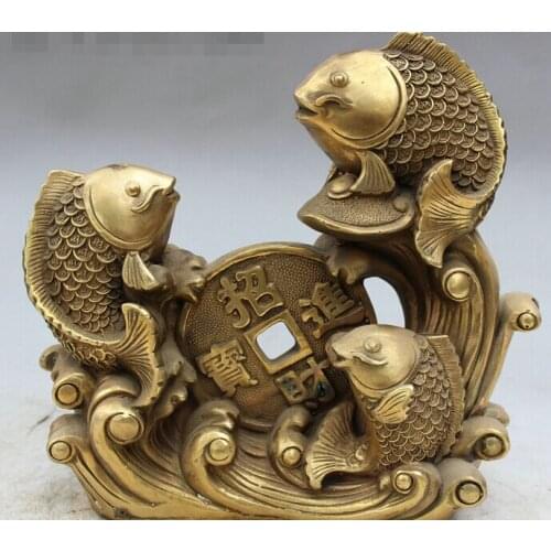 9" Folk Chinese Brass Lucky Wealth Coin Auspicious 2 Jump Fish Statue Sculpture statues garden decoration