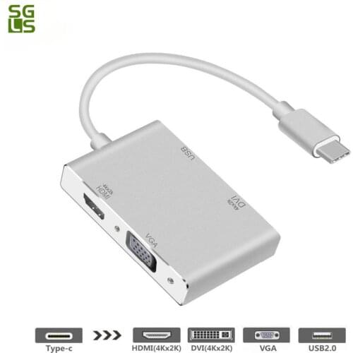 4 In 1 USB 3.1 Type C to HDMI DVI 4K VGA USB 3.0 Adapter Converter for Laptop Apple MacBook/MacBook Pro/Google Chromebook Pixel