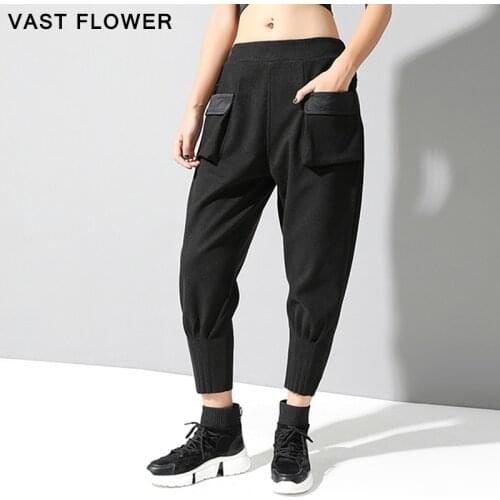 Black High Waist Pleated Harem Pants Women Fashion Pocket Loose Casual Elastic Waist Ladies Trousers Spring Autumn 2021