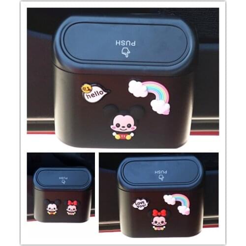 Disney Mickey Mouse Car Trash Bin Hanging Vehicle Garbage Dust Case Cartoon Storage Box Black Abs Square Pressing Type Trash
