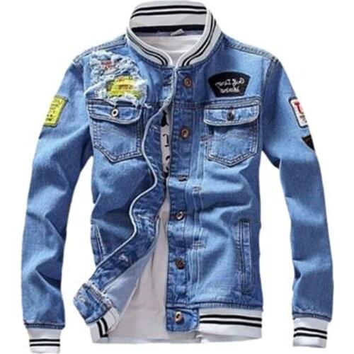 Male Streetwear Men Loose Jean Coats Zipper 2019 New Fashion Mens Denim Jacket Spring Casual Slim Fit Stand Collar Pilot Jackets