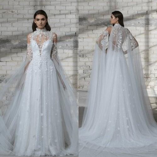 2019 New Bridal Wraps Custom Made High Neck Lace Applique Cathedral Wedding Cape Shawls White and Ivory Bridal Jacket